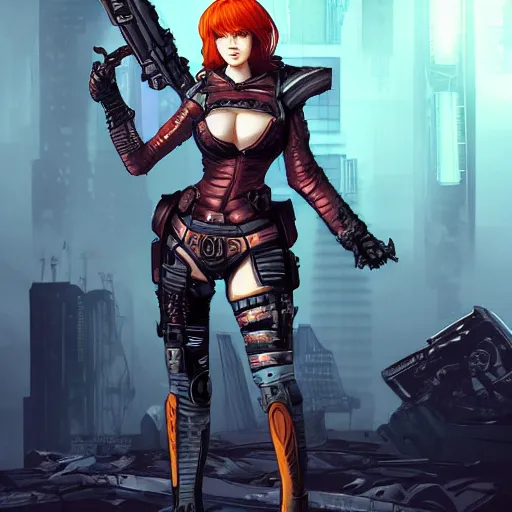 Image similar to full body Sakimichan illustration of christina hendricks as a cyberpunk warrior with weapons by Sakimichan trending on Deviantart