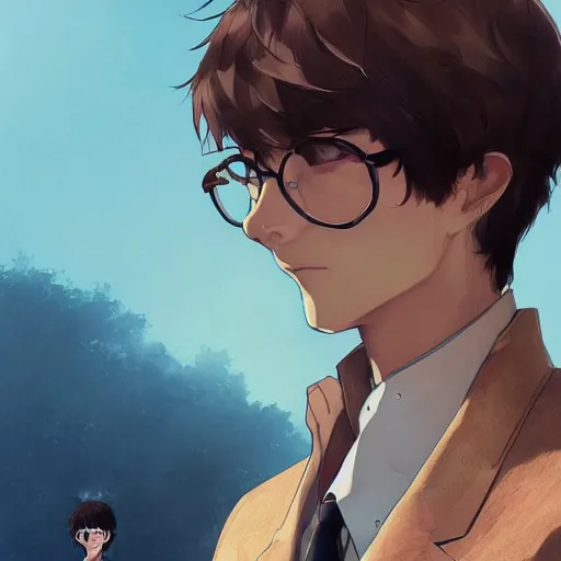 Prompt: concept art, style makoto shinkai, kilian eng, ayami kojima, face, girl, brown suit vest, longcoat, glasses, short hair, front view, highly detailed, digital art, boy hair