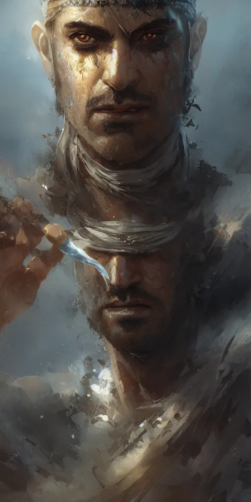 Prompt: prince of persia warrior within face portrait by greg rutkowski and craig mullins