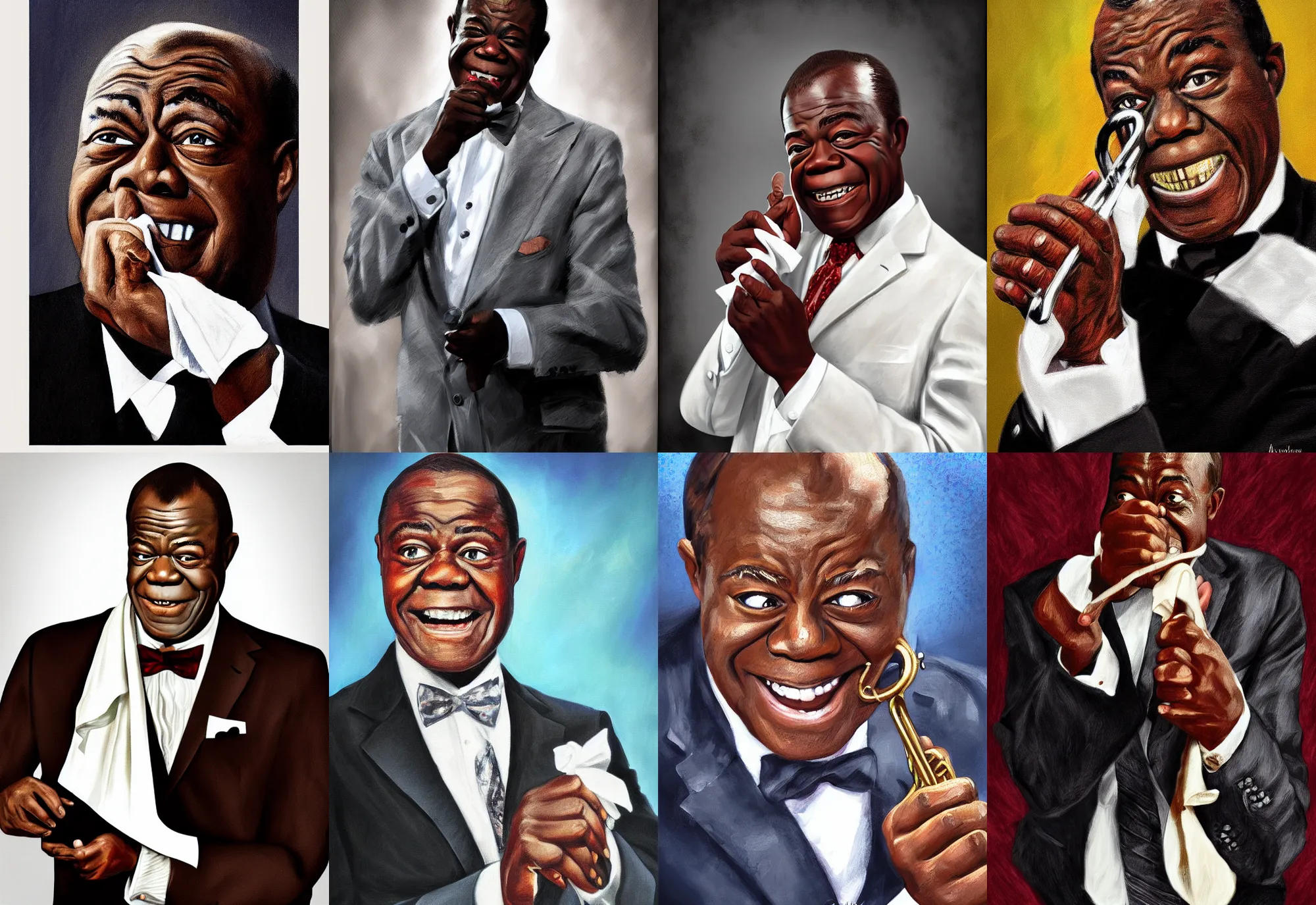 Image similar to a portrait of louis armstrong holding a white handkerchief, by anastasia pollard, dramatic lighting, highly detailed digital painting