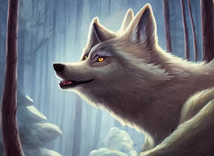 Prompt: a cartoonish wolf is blowing a house made of woods away. There is a mystical forest full of wonders, pine trees, magical atmosphere, trending on artstation, 30mm, by Noah Bradley trending on ArtStation, deviantart, high detail, stylized portrait H 704