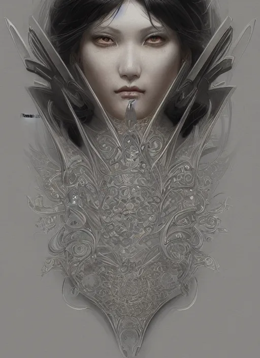 Image similar to symmetry!! asian, machine parts embedded into face, intricate, elegant, highly detailed, digital painting, artstation, concept art, smooth, sharp focus, illustration, art by artgerm and greg rutkowski and alphonse mucha, 8 k