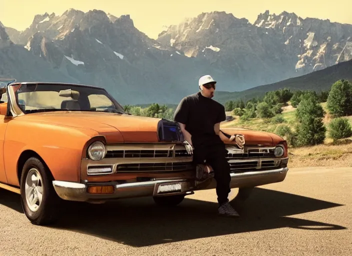 Image similar to a very high resolution image from a new movie, eminem driving a car. mountains, directed by wes anderson