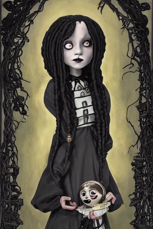 Image similar to beautiful cottagecore snoop dogg as Wednesday Addams holding a Coraline doll, Black Hair, Goth, gothic, castlevania, intricate, elegant, highly detailed, digital painting, artstation, concept art, smooth, sharp, focus, illustration, art by artgerm and greg rutkowski and alphonse mucha