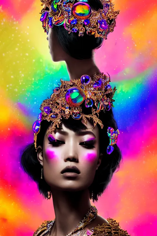 Image similar to a singular beautiful empress dramatic portrait, black hair, with a brilliant, impossible striking shiny big multi colored crystal headpiece, symmetrical, reflective surface, rainbow crystal clothes, rococo, baroque, jewels, asian, realistic, dramatic studio lighting, closeup, D&D, fantasy, intricate, elegant, highly detailed, digital painting, artstation, octane render, 8k, concept art, matte, sharp focus, illustration, art by Artgerm and Greg Rutkowski and Alphonse Mucha