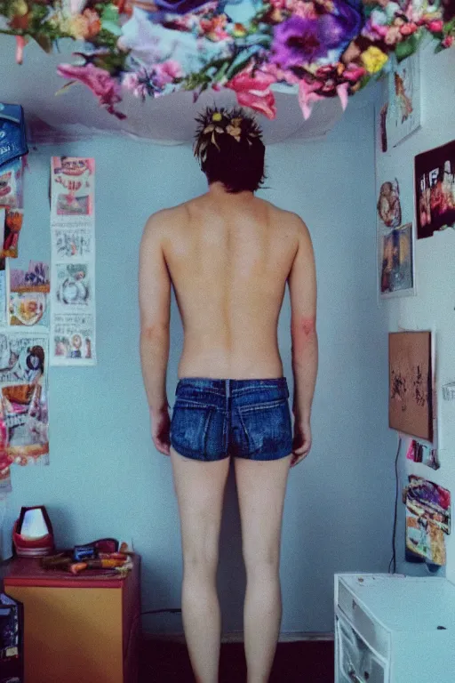 Image similar to agfa vista 4 0 0 photograph of a skinny blonde guy standing in a cluttered 9 0 s bedroom, flower crown, back view, grain, moody lighting, moody vibe, telephoto, 9 0 s vibe, blurry background, vaporwave colors!, faded!,