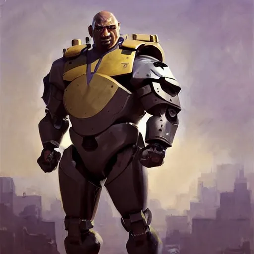 Prompt: greg manchess portrait painting of fully armored bionic the foundation aka dwayne the rock from fortnite as overwatch character, medium shot, asymmetrical, profile picture, organic painting, sunny day, matte painting, bold shapes, hard edges, street art, trending on artstation, by huang guangjian, gil elvgren, ruan jia, greg rutkowski, gaston bussiere