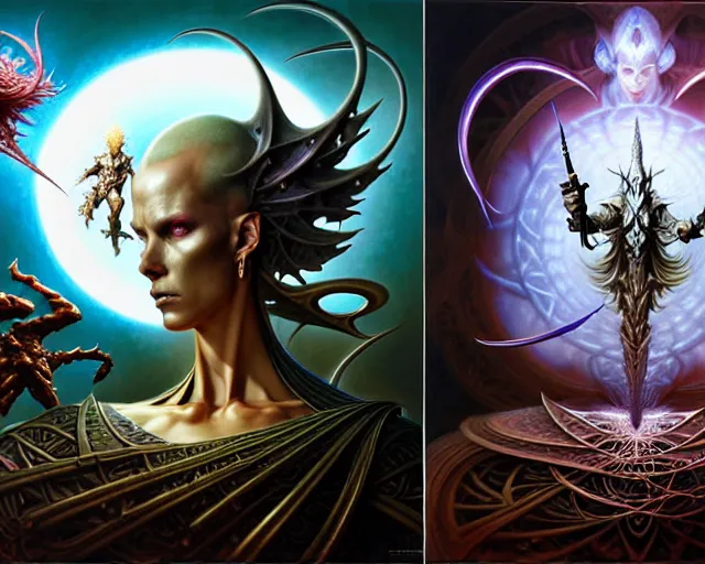 Image similar to the battle between good and evil, fantasy character portrait made of fractals facing each other, ultra realistic, wide angle, intricate details, the fifth element artifacts, highly detailed by peter mohrbacher, hajime sorayama, wayne barlowe, boris vallejo, aaron horkey, gaston bussiere, craig mullins