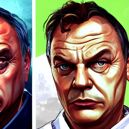 Image similar to Viktor Orban as a character in the game GTA VI, with a background based on the game League of Legends, detailed face, PAINTING BY android jones