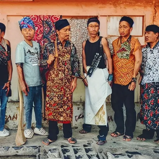 Image similar to portrait of people wear bandana with batik parang rusak pattern and bring javanese keris as weapon,javanese people gangster style