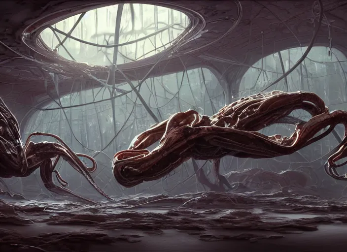 Prompt: science fiction laboratory with a muscular alien specimen with long boney limbs breaking out of its chamber in the style of mohrbacher and glenn fabry, futuristic, tentacles and bones, transparent carapace, 3 d environment art, unreal engine, god rays, flooded station, artstation, cinematic lighting, foggy