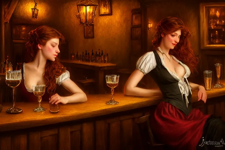 Prompt: a beautiful barmaid, dimly lit cozy tavern, relaxed pose, fantasy, intricate, elegant, dramatic lighting, emotionally evoking symbolic metaphor, highly detailed, lifelike, photorealistic, digital painting, artstation, concept art, smooth, sharp focus, illustration, art by John Collier and Albert Aublet and Krenz Cushart and Artem Demura and Alphonse Mucha