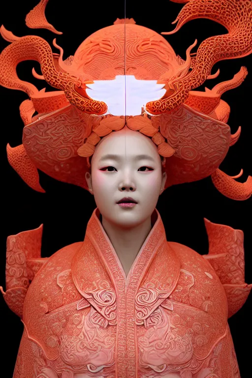 Prompt: 3 d goddess medium shot profile portrait. beautiful intricate highly detailed korean gumiho mask and traditional korean hanbok. stingray, magpie, bio luminescent, plasma, lava, ice, water, wind, creature, volumetric lighting, artwork by tooth wu and wlop and beeple and greg rutkowski, trending on artstation,