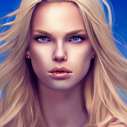 Image similar to a very beautiful young donald trump, full body, long wavy blond hair, sky blue eyes, full round face,, bikini, miniskirt, front shot, highly detailed, cinematic wallpaper by stanley artgerm lau
