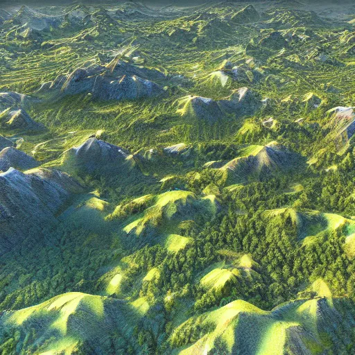 Image similar to large lush landscape, daylight, hyperdetailed, sharp, aerial view, artstation, 3 d render, ray tracing