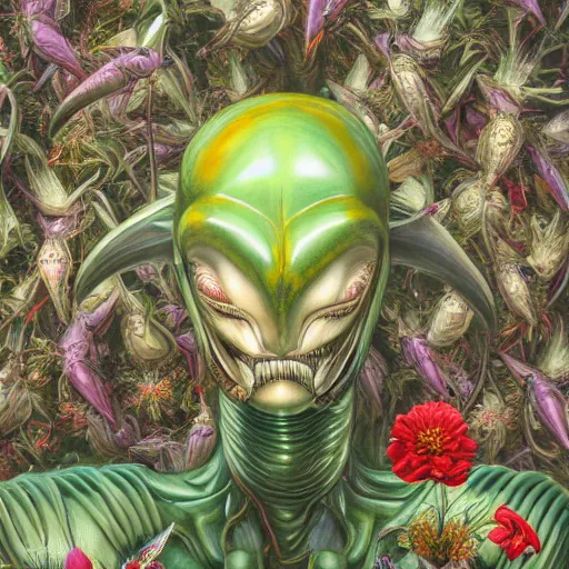 Image similar to head and shoulder portrait of xenomorph alien, surrounded by hummingbirds and fine floral ornaments, eye - level medium - angle shot, floral background, by esao andrews, by m. w. kaluta, by yoshita amano, by giger, moody evening lighting, smooth, 3 d octane render, depth perception, 4 k, artstation