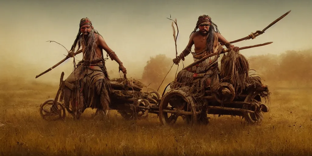 Image similar to photorealistic photo of an ancient indian tribesman on ancient atv with big wooden wheels, hunting panicked buffalo herd ,attacking, wild chase, action scene, an epic fantasy, dramatic lighting, cinematic, establishing shot, extremely high detail, photorealistic, cinematic lighting, artstation, octane render, by simon stalenhag, horizon forbidden west,old photo, high speed photography, vintage, extreme sports