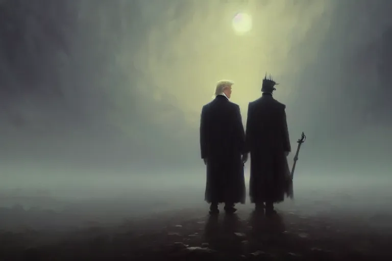 Prompt: Portrait of Trump and Biden , dark makeup, dark crown with magical ruby, painting by Studio Ghibli, Ivan Aivazovsky and Greg Rutkowski, artstation, fantasy, intricate, beautiful, cinematic, octane render, arnold render, 8k, hyper realism, detailed, sharp focus, 4k uhd, masterpiece, award winning