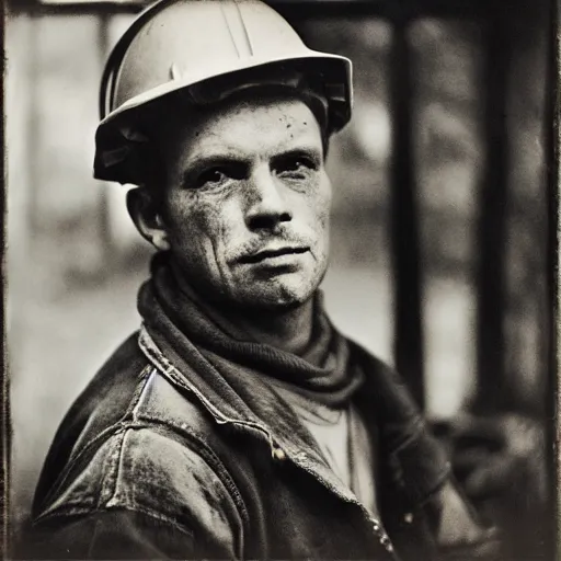 Image similar to portrait of coal mine worker by Diane Arbus, 50mm, bokeh