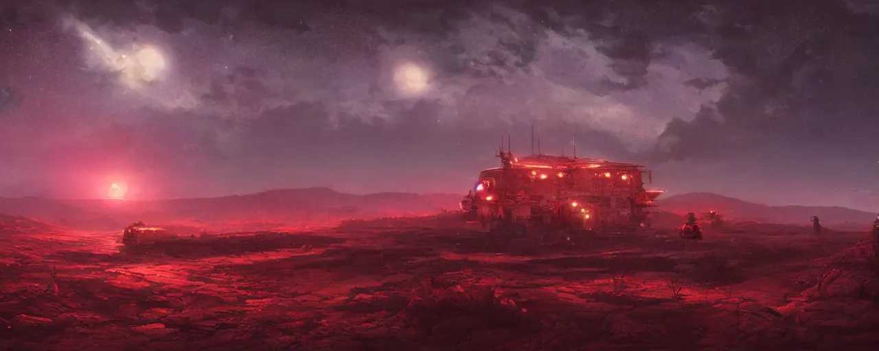 Prompt: ” barren landscape at night, [ cosmic, cinematic, detailed, epic, widescreen, opening, establishing, mattepainting, photorealistic, realistic textures, octane render, art by slop and paul lehr ] ”