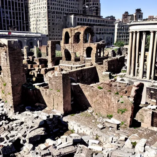 Prompt: Ruins in the forum of New York.