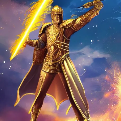 Prompt: Golden knight god with lightning sword, beautiful, detailed, digital art