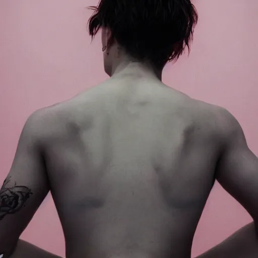 Image similar to Surrealism, a beautiful young man, piercing, dragon tattoo on the body, meditating over the surface of the pink ocean