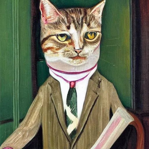 Prompt: cat in a suit in the style of lucian freud