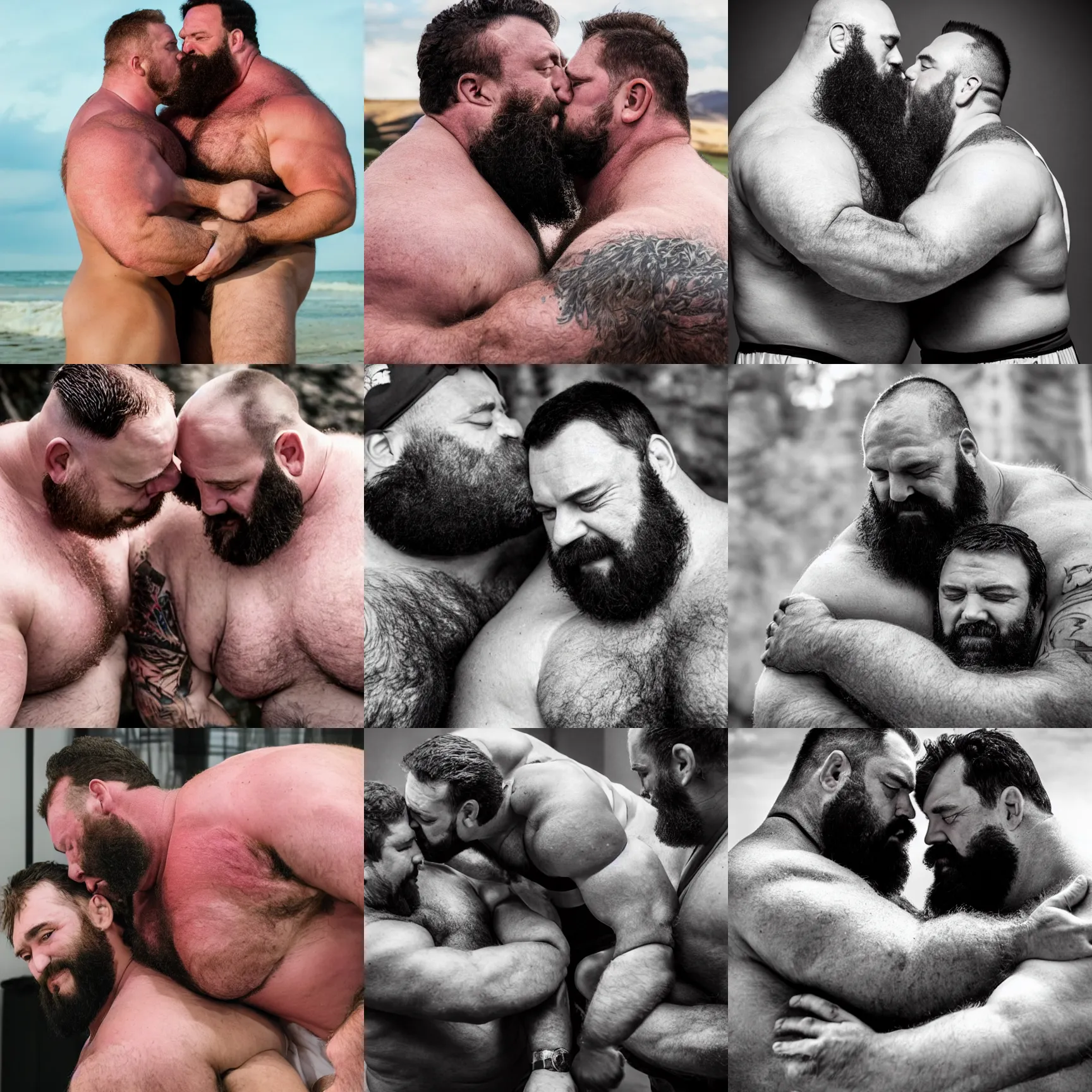 Prompt: many big burly strongmen kissing, dad energy, wholesome, brotherhood, photography, high resolution, warmth, very detailed, clear, smooth, manly, epic