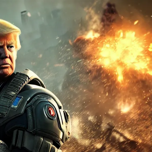 Image similar to Portrait! of President Donald Trump as ((captain america)) in Gears of War, splash art, movie still, cinematic lighting, dramatic, octane render, long lens, shallow depth of field, bokeh, anamorphic lens flare, 8k, hyper detailed, 35mm film grain