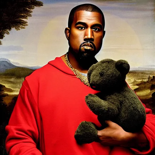 Prompt: A renaissance painting of Kanye West with a anthropomorphic Teddy Bear mascot, portrait, Wyoming in background,