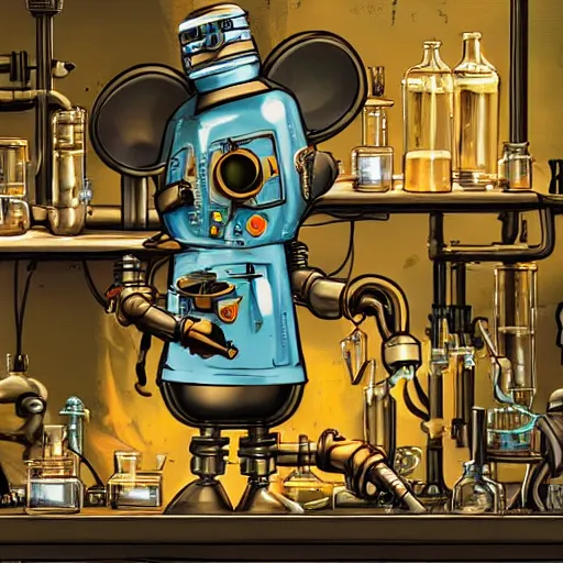 Image similar to a steampunk robot mouse performing a chemistry experiment at a lab bench, grimy, beakers are glowing, the lab is packed with equipment, renaissance painting, pastel colors