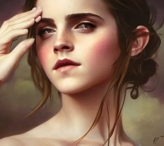 Image similar to photography of sensual emma watson, deep focus, intricate, elegant, highly detailed, digital painting, artstation, concept art, matte, sharp focus, illustration, art by artgerm and greg rutkowski and alphonse mucha and gil elvgren