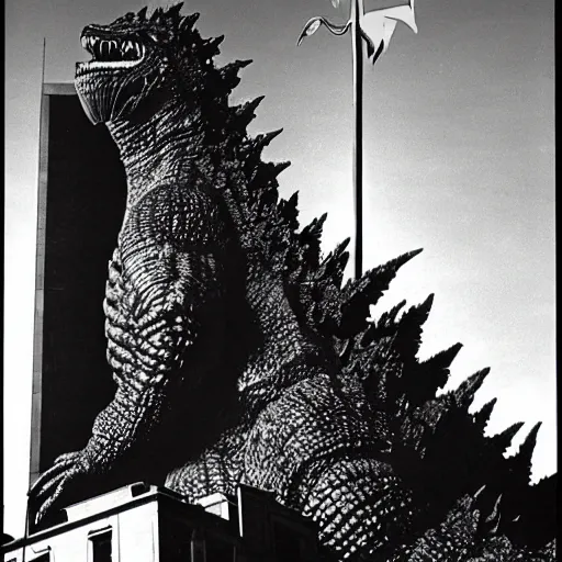 Image similar to godzilla attacking the corning tower albany, old movie