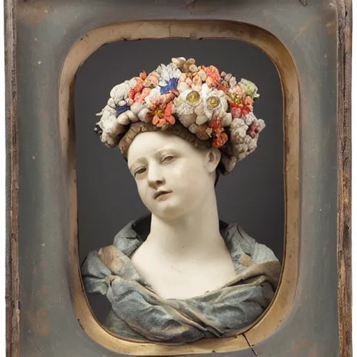 Image similar to a portrait of a beautiful woman sanitatem flores h 3 1 w 1 8 d 2 5 cm glazed stoneware, fragments 1 9 th century flower encrusted porcelain, like billie bond