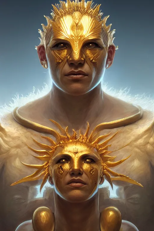 Image similar to humanoid god of the sun, highly detailed, d & d, fantasy, hyper detailed, digital painting, trending on artstation, apollo, concept art, sharp focus, illustration, art by artgerm and magali villeneuve and greg rutkowski and michael whelan, cryengine, 8 k realistic atmospheric lighting, frostbite 3 engine