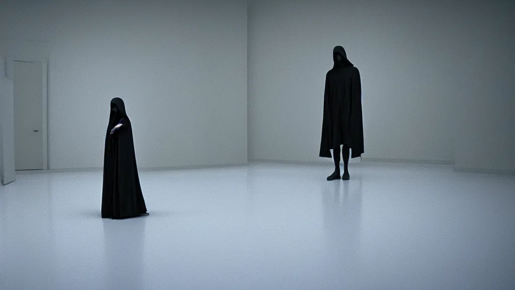 Prompt: grim reaper in a white empty room, film still from the movie directed by Denis Villeneuve with art direction by Salvador Dalí, wide lens