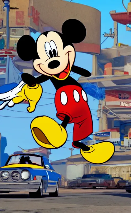 Prompt: Mickey mouse and Donald duck in GTA 5 image art style