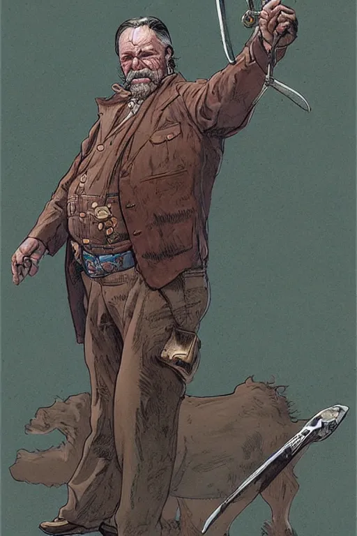 Prompt: vernon. Smug old west circus knife thrower. concept art by James Gurney and Mœbius.