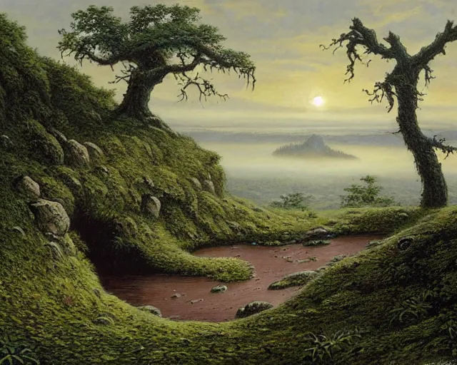 Image similar to a swampy hill landscape with a circle of large stones in the shape of a finger, by ted nasmith