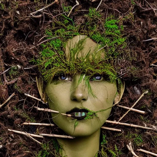 Image similar to a portrait of a woman made of tree roots and sticks, moss, mother nature, green