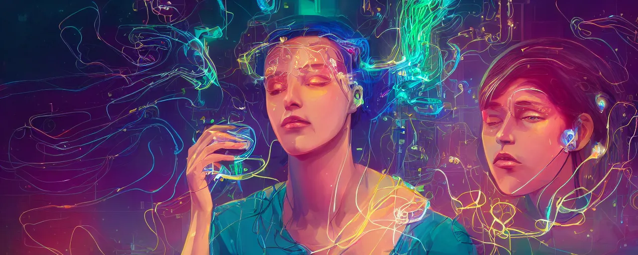 Image similar to A young woman with wires coming out of her head connecting to a computer, 4k wallpaper, digital art, deep colors, heavenly lighting, realistic reflections, light refraction, trending on arstation, by Victoria Rose, by Josan Gonzalez, by Juan Osorio