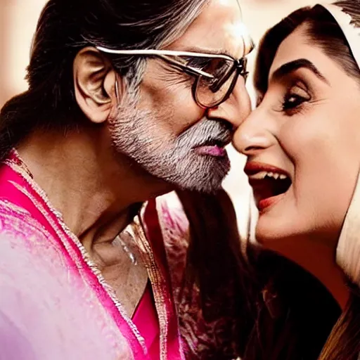 Prompt: closeup of kareena kapoor and amitabh bachchan kissing, natural lighting, hyper detailed, 1 0 0 mm, photographic, cinematic lighting, studio quality.