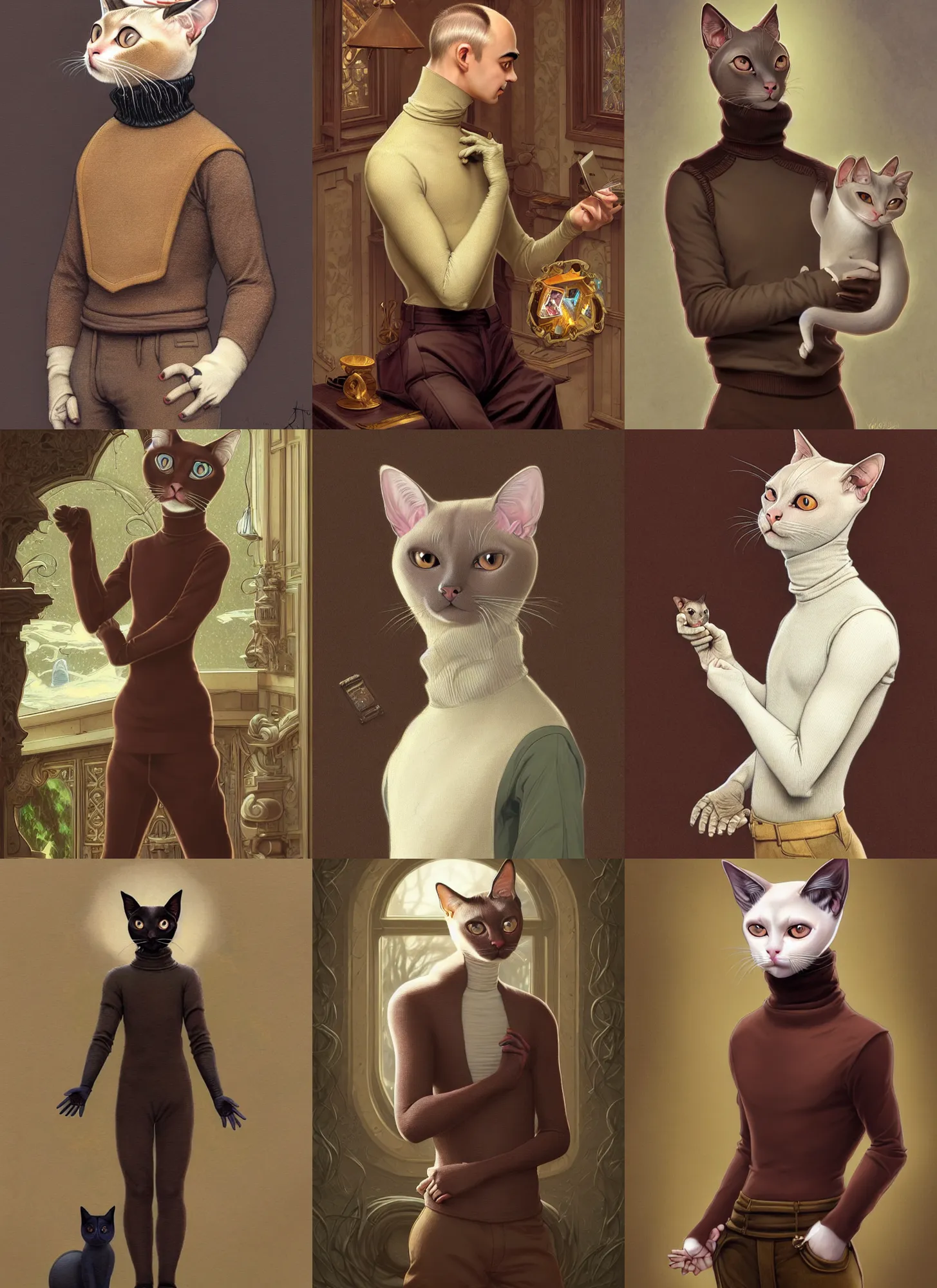 Prompt: full body photograph of a male anthropomorphic siamese cat fursona wearing a turtleneck in a manor, deep focus, intricate, elegant, highly detailed, digital painting, artstation, concept art, matte, sharp focus, illustration, d & d, fantasy, hearthstone, art by artgerm and greg rutkowski and alphonse mucha