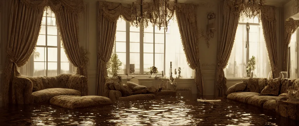 Image similar to decorative empty victorian livingroom flooded with water, octane render, 8k, artstation, concept art, smooth, sharp focus