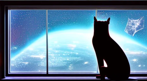 Image similar to cat seen from behind wearing a spacesuit in a space station watching the stars trough a large window, digital painting, dramatic lighting, highly detailed, artstation, concept art