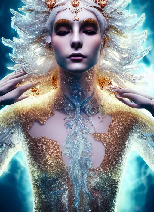 Image similar to beauteous sumptuous white pearlescent iridescent skin on face, crystal, gold, copper, bronze biomechanical with incredible iridescent pearlescent voluminous neon hair, crystalline masterpiece incrustations, hyperdetailed face, elegant pose, movie still, intricate, octane render, cinematic forest lighting, unreal engine, crepuscular rays, god rays