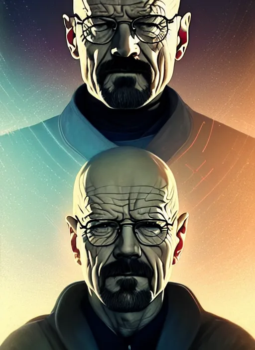 Prompt: symmetry!! portrait of walter white, sci - fi, tech wear, glowing lights!! intricate, elegant, highly detailed, digital painting, artstation, concept art, smooth, sharp focus, illustration, art by artgerm and greg rutkowski and alphonse mucha