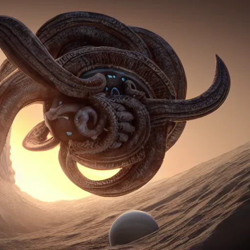 Prompt: a biomechanical space kraken eating one of the moons of Jupiter, hype realistic, Octane render, Unreal Engine 3D