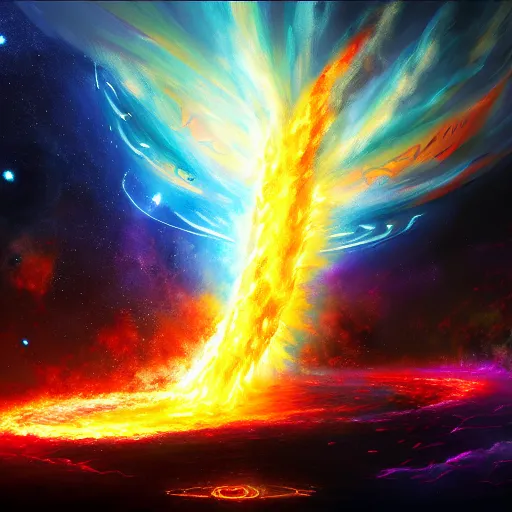 Prompt: concept art for the entire universe uniting again into the holy fire of perfect love, reversing the big bang!! final victory of order over disorder!! final defeat of entropy! end of time, galactic scale!! digital painting, artstation, smooth, sharp focus